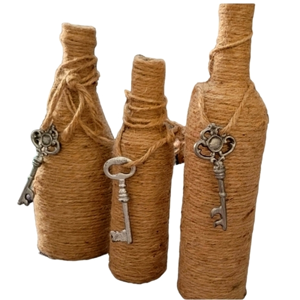 3 Upcycled, Twine Wrapped Wine Bottles, Decorative Key Details, Handmade